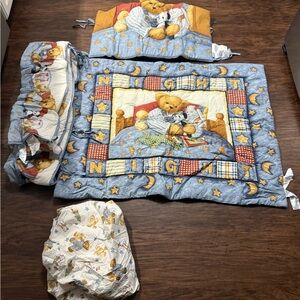 Blue Jean Teddy Bear Crib Set Comforter Sheet  Springs Industries Lot